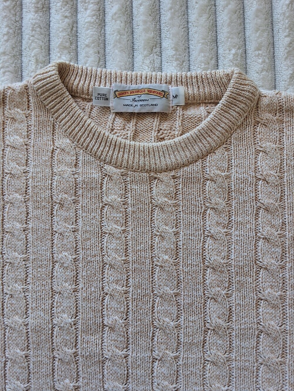 VTG James Pringle Weavers Scotland Cotton Cable Knit Crewneck Sweater M Beige